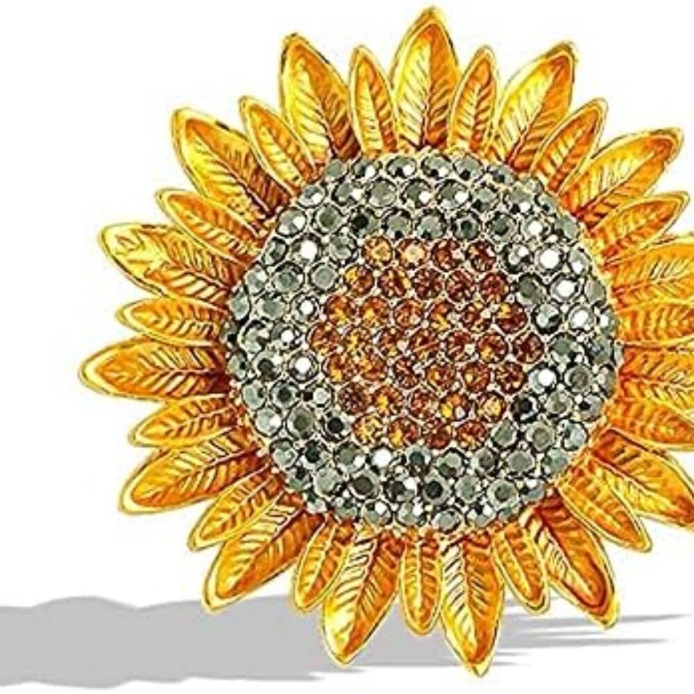 Yellow Flower Rhinestone Sunflower Brooch Enamel Crystal Plant Pin Charm Sun Flo